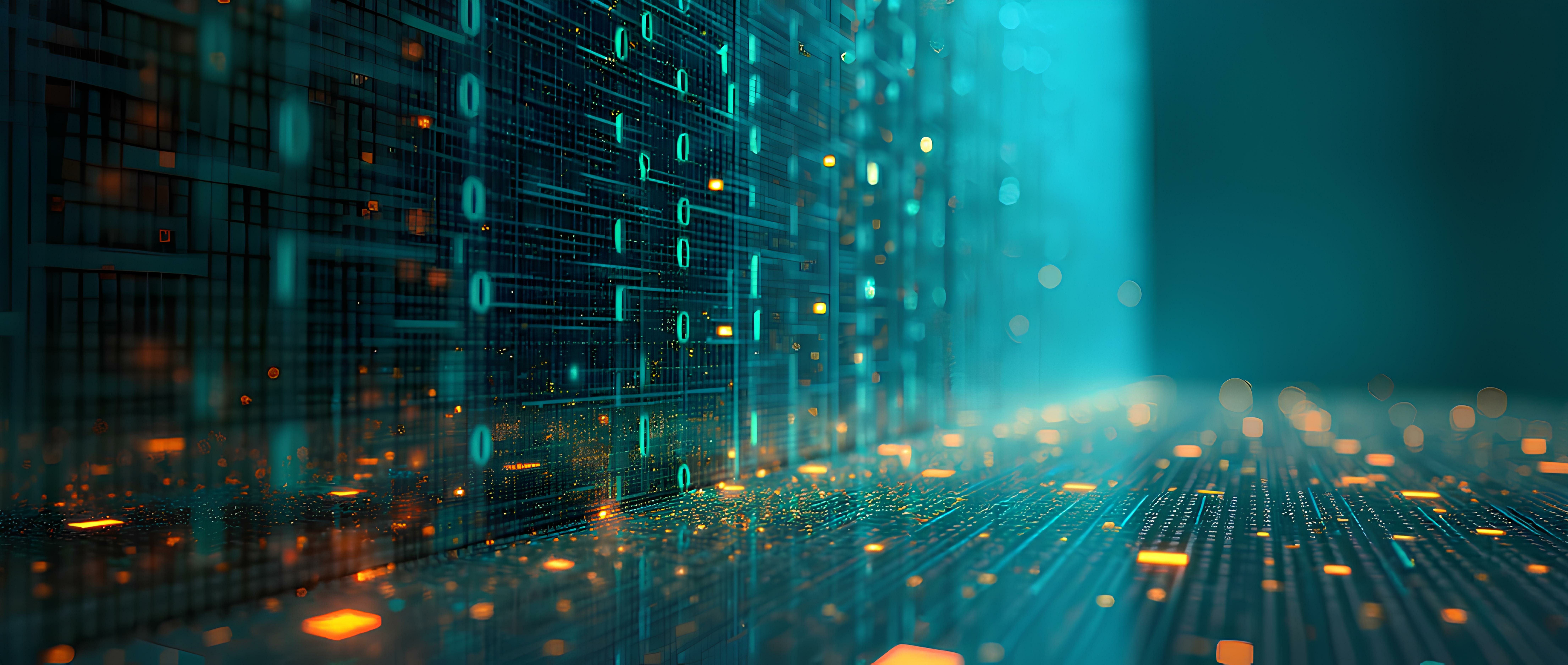 Flowing stream of binary code in green and yellow hues, representing capability debt in Insurance | DXC Technology