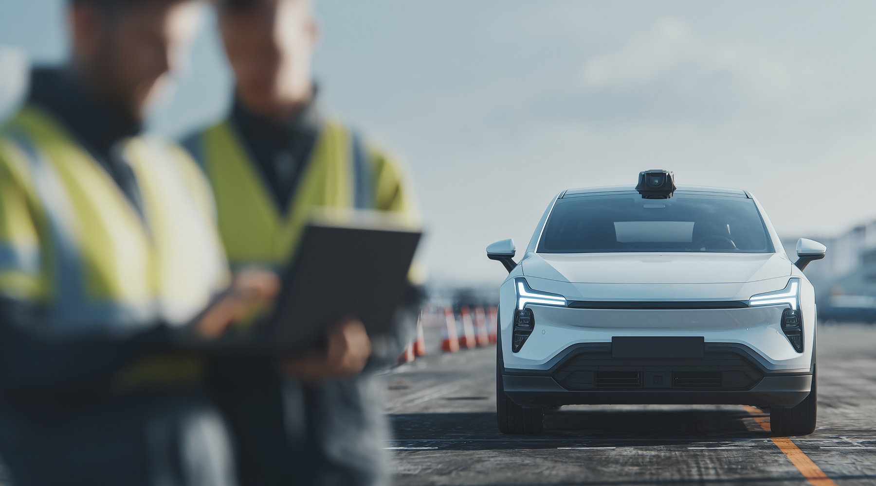 Two automotive engineers testing autonomous vehicle, CARIAD | DXC Technology Customer Stories