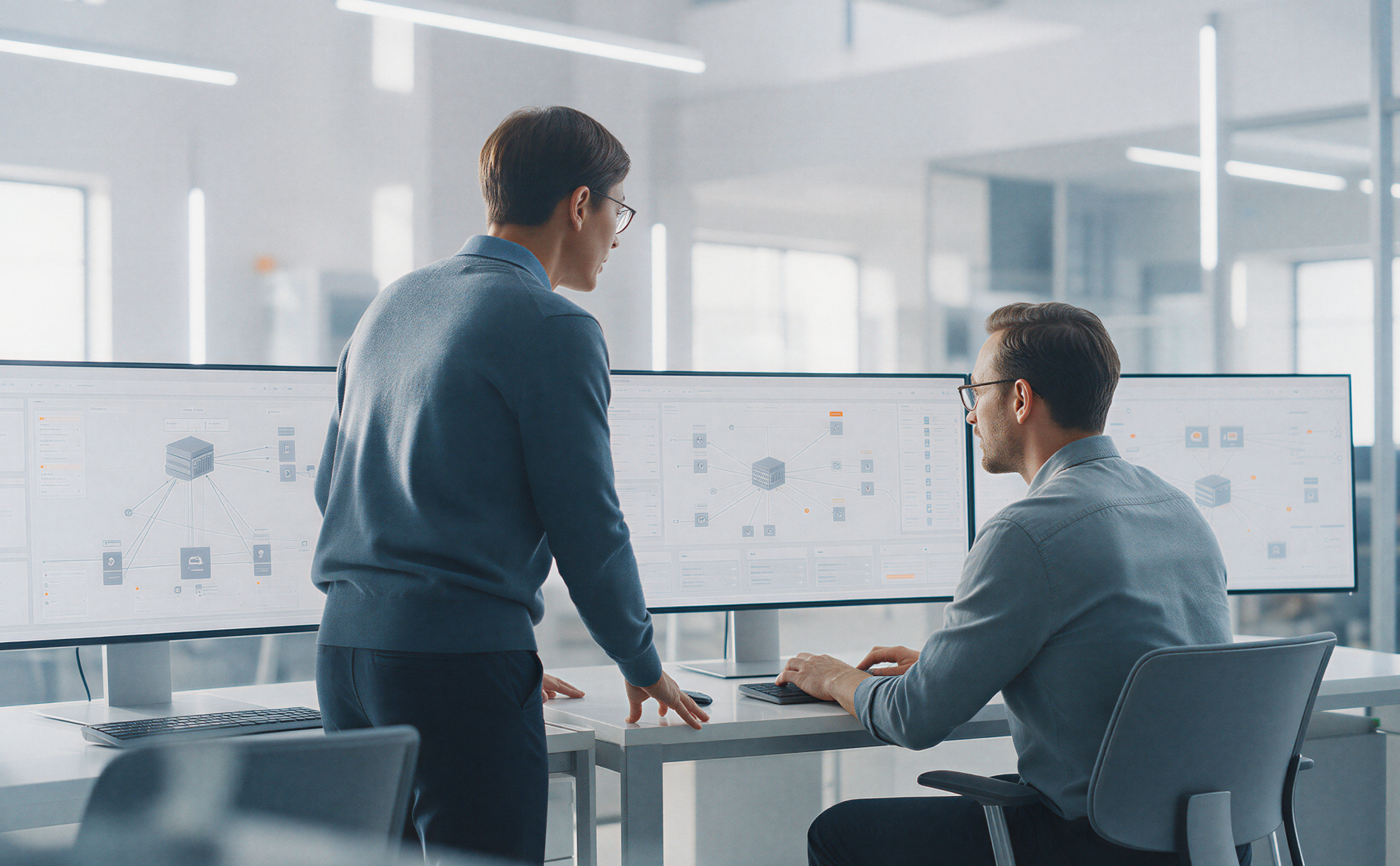 Two male cloud developers discussing data on multiple screens, Private Cloud | DXC Technology Solutions