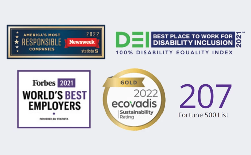 2021 World's Best Employers, 2022 America's Most Responsible Companies, Gold 2022 ecovadis, 2021 DEI best place to work for disability inclusion