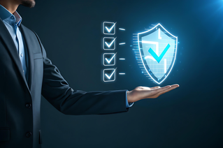 Man in suit holding digital shield and checklist, symbolizing compliance and risk management, Zero trust solutions | DXC Technology