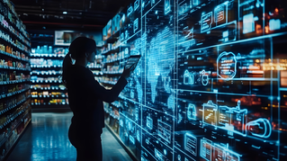 Woman using digital interface in supermarket, showing global data analytics for retail business | DXC Technology