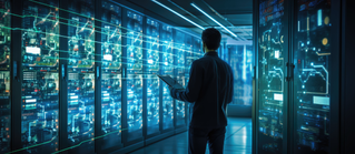 IT worker reviewing server status in data center, Mainframe as a Service | DXC Technology