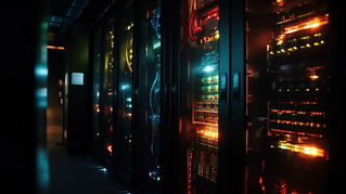 Servers in data center, neon lighting, Managed Mainframe Services | DXC Technology