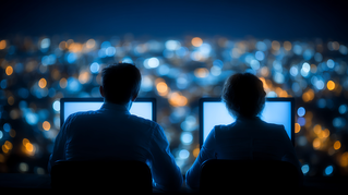 Back view of 2 people sitting close together at their PCs, representing close Microsoft-DXC relationship | DXC Technology