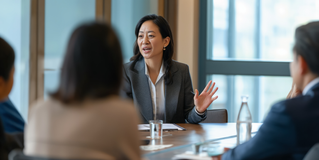 Woman at conference table making a point to colleagues, Software Asset Management | DXC Technology