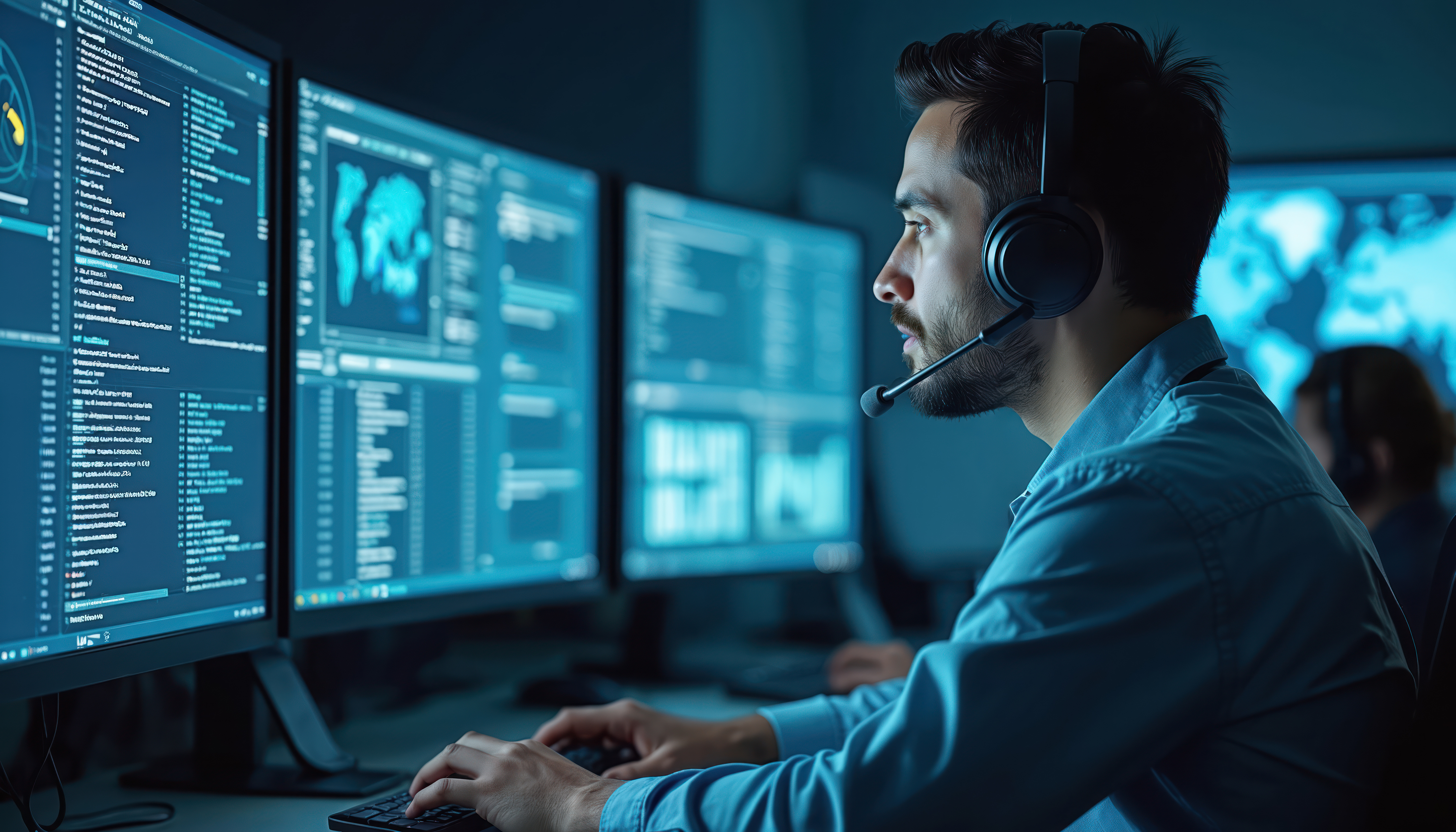 Man working in call center providing 24/7 managed detection and rapid threat response, Zero trust solutions | DXC Technology