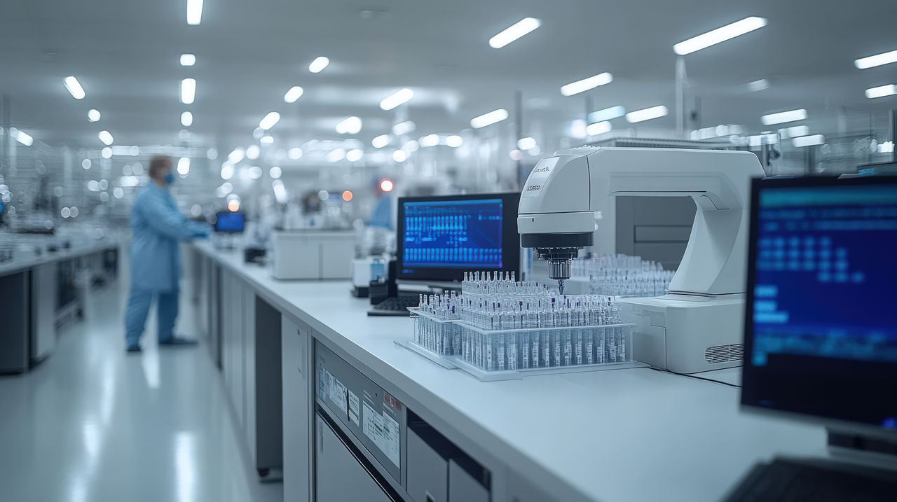 Modern scientific laboratory interior with automated machinery, test tubes, and a scientist in the background.  Ideal for themes of research, technology, and medical advancements.