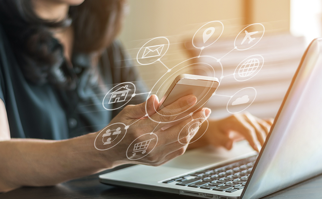 IOT Multichannel online banking payment communication network digital technology internet wireless application development mobile smartphone sync app: Business woman holding smart phone icon flow