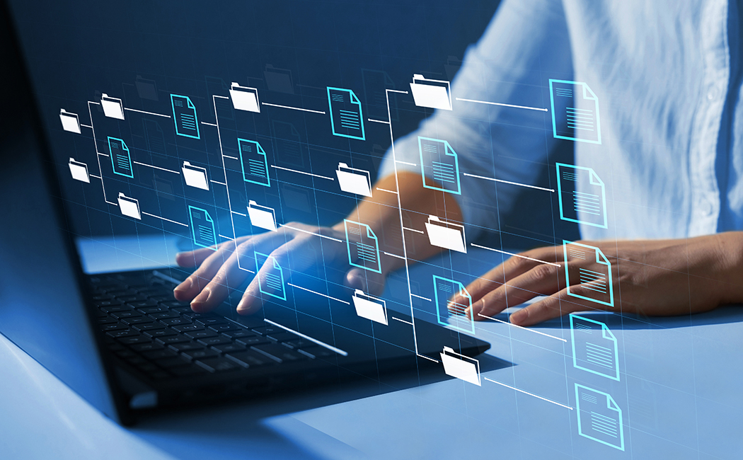 Automation software to archiving and efficiently manage and information files.Document Management System or DMS.Consultant information technology (IT) working on laptop.Internet Technology Concept. 