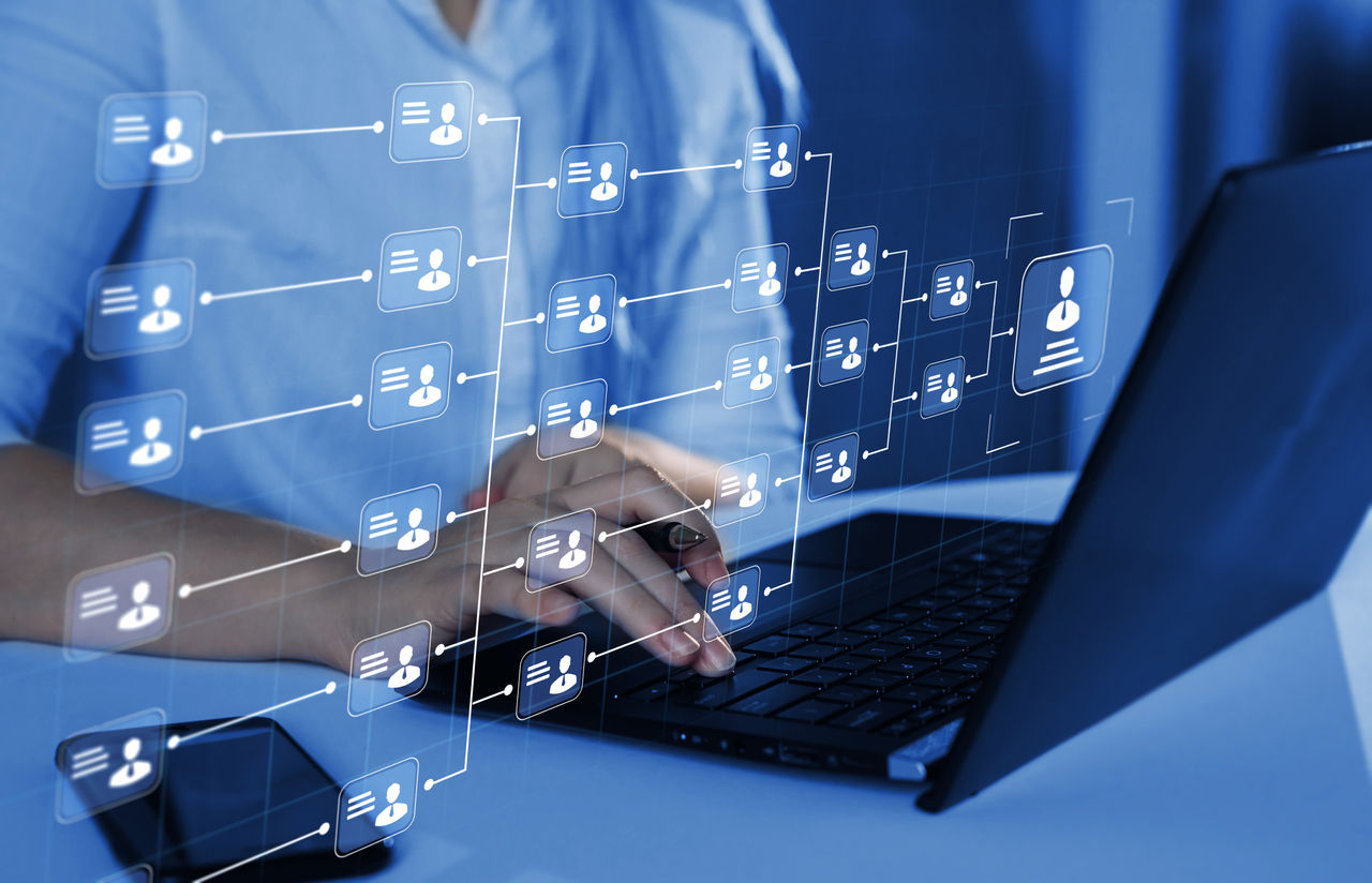Relations of order or subordination between members. Business hierarchy structure. Business process and workflow automation with flowchart. Virtual screen Mindmap or Organigram.