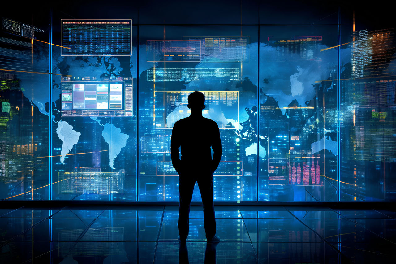 The silhouette of a person standing in front of a large digital screen with a global data flow showing various cyber threats and vulnerabilities, Generative AI