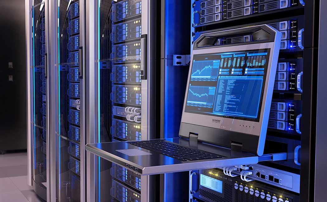 Rackmount LED console in server room data center - 3d illustration