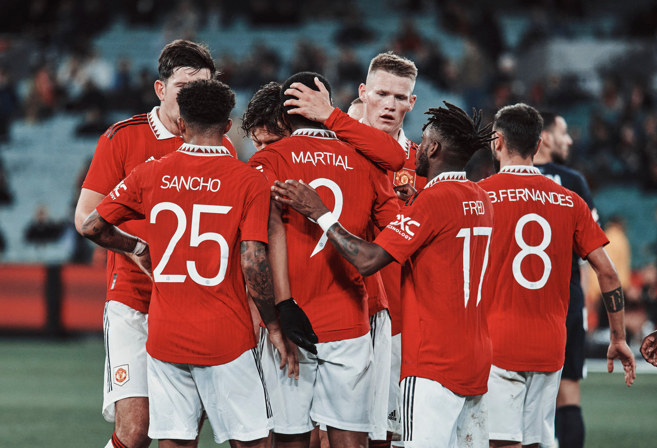MELBOURNE, AUSTRALIA - JULY 15: Scott McTominay of Manchester United scores their first goal during the Pre-Season friendly match between Melbourne Victory and Manchester United at Melbourne Cricket Ground on July 15, 2022 in Melbourne, Australia. (Photo by Ben Duffy/Manchester United via Getty Images)