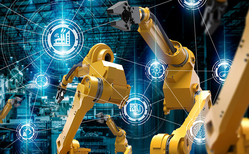 heavy automation robot arm machine in smart factory industrial,Industry 4.0 concept banner image.