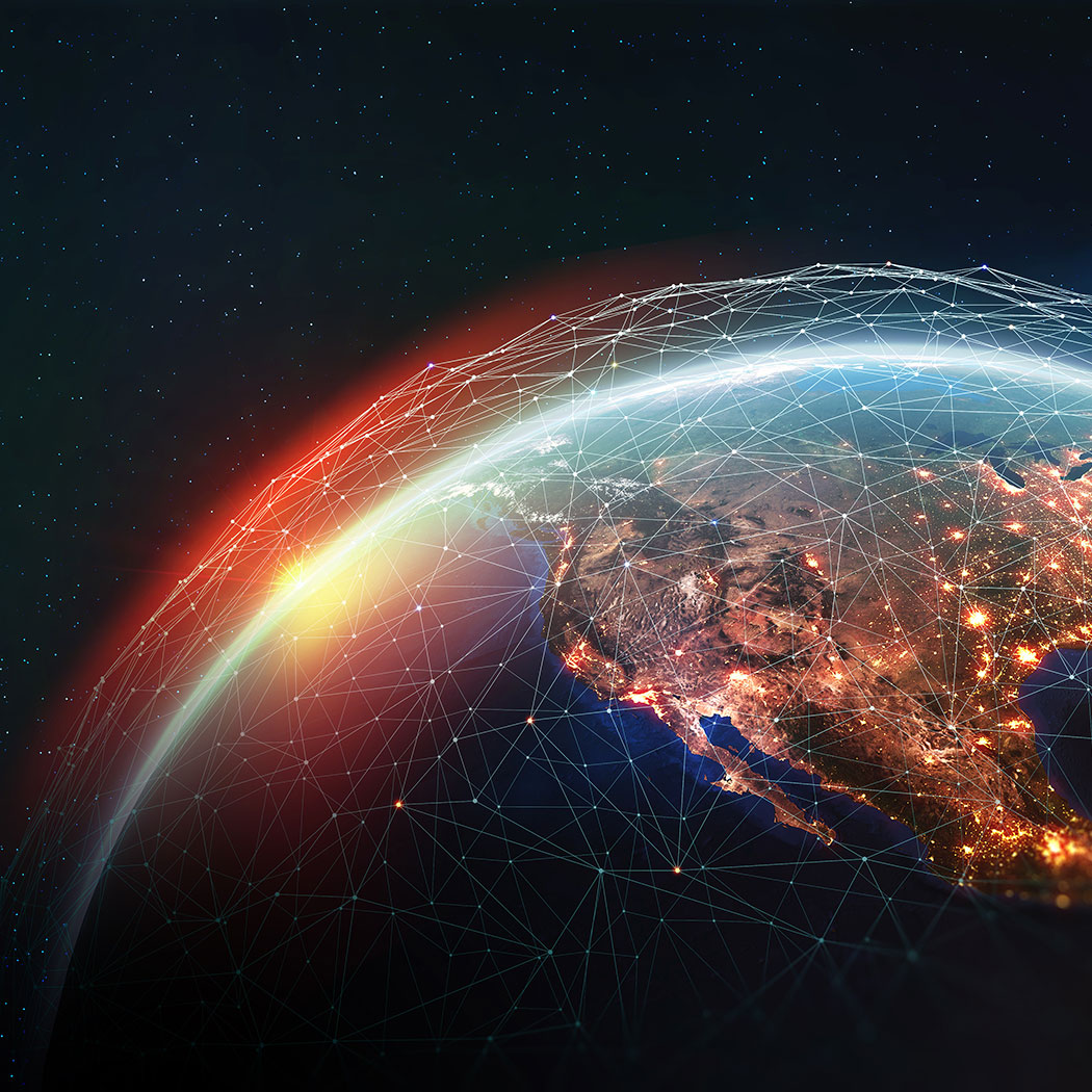 Earth view from space. Global network. Blockchain technology. Planet and communication. Future world 3D illustration. Elements of this image are furnished by NASA